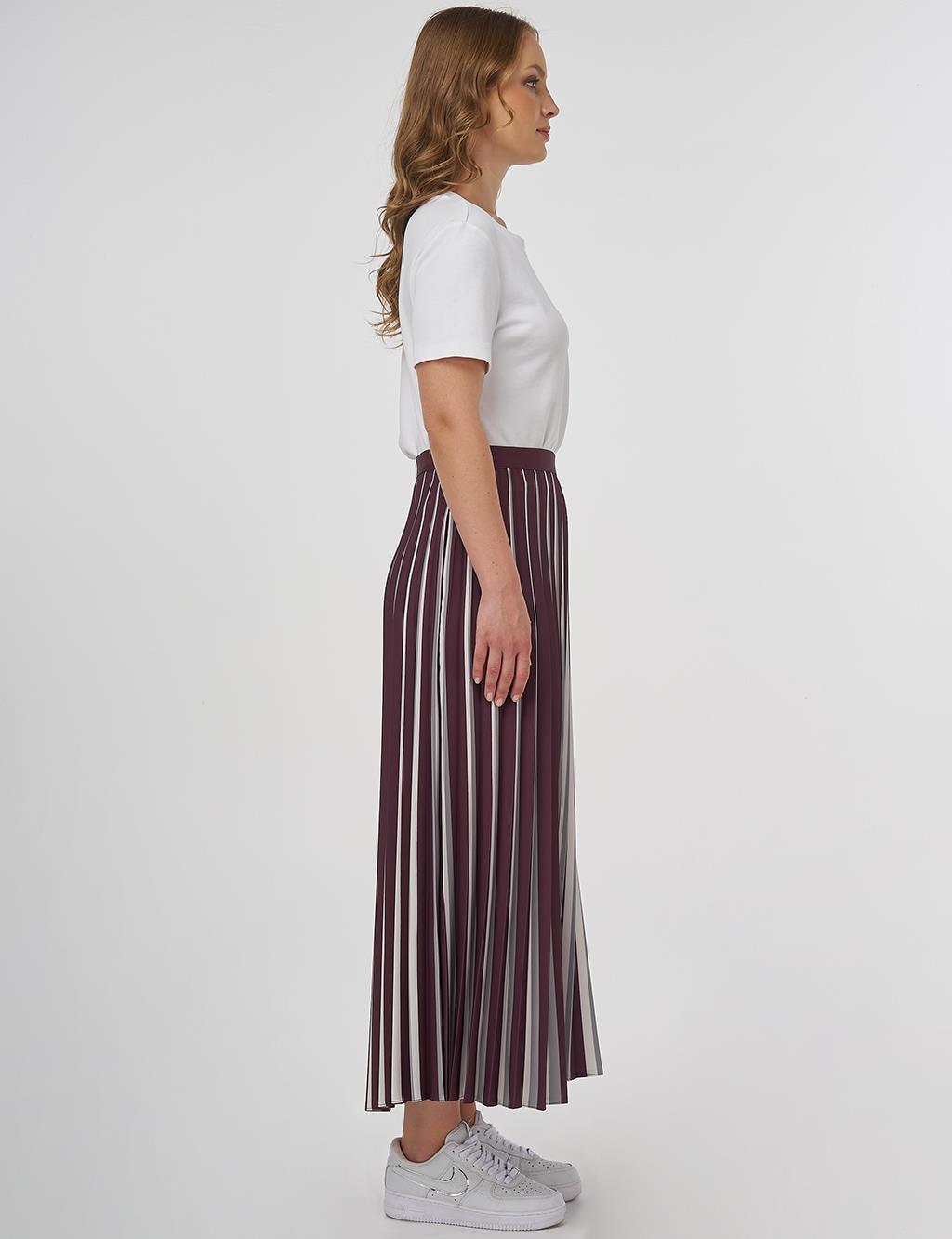Stripe Print Detailed Pleated Skirt Claret Red-Grey