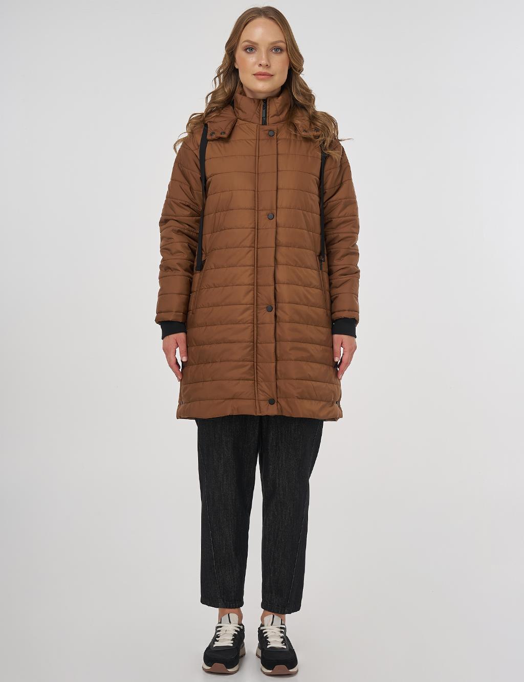 Dik Yaka Kapüşonlu Anorak Mont Camel 