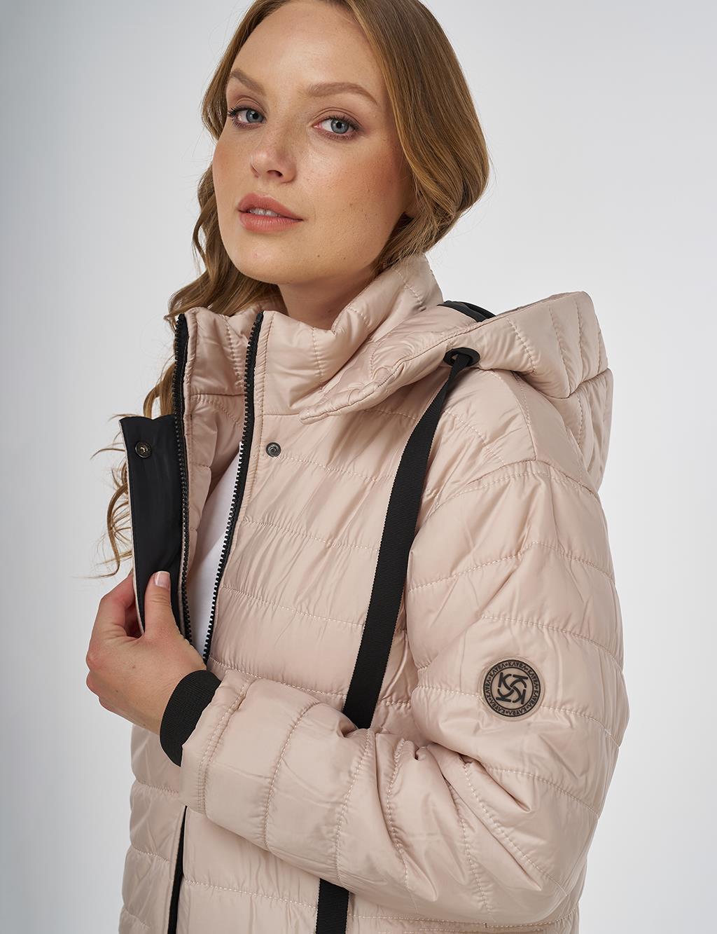Dik Yaka Kapüşonlu Anorak Mont Krem