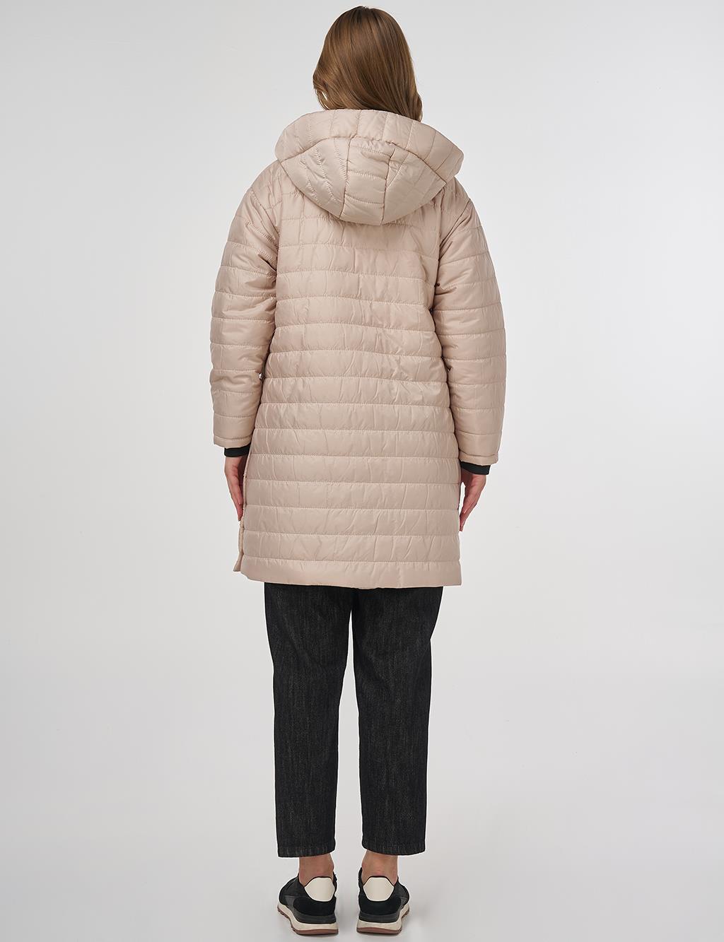 Dik Yaka Kapüşonlu Anorak Mont Krem