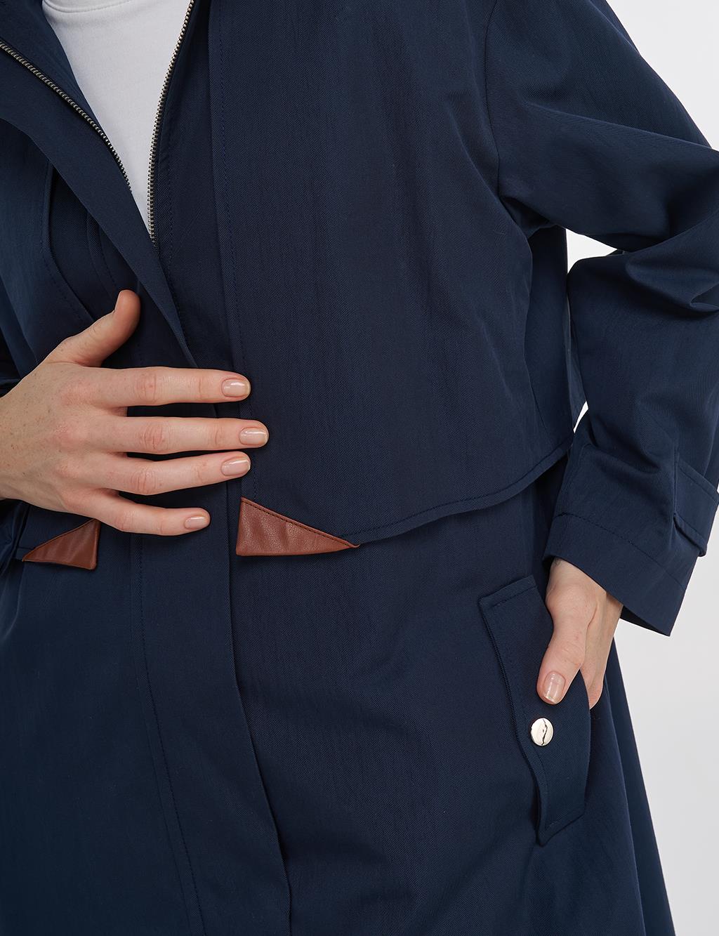 Stand Collar Coat with Pocket Detail Dark Navy 