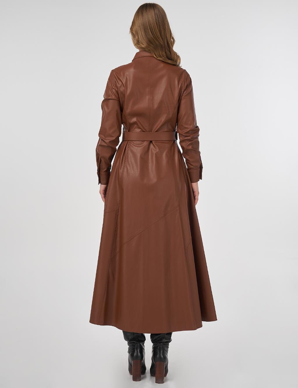 Stitched Detail Faux Leather Dress Tan