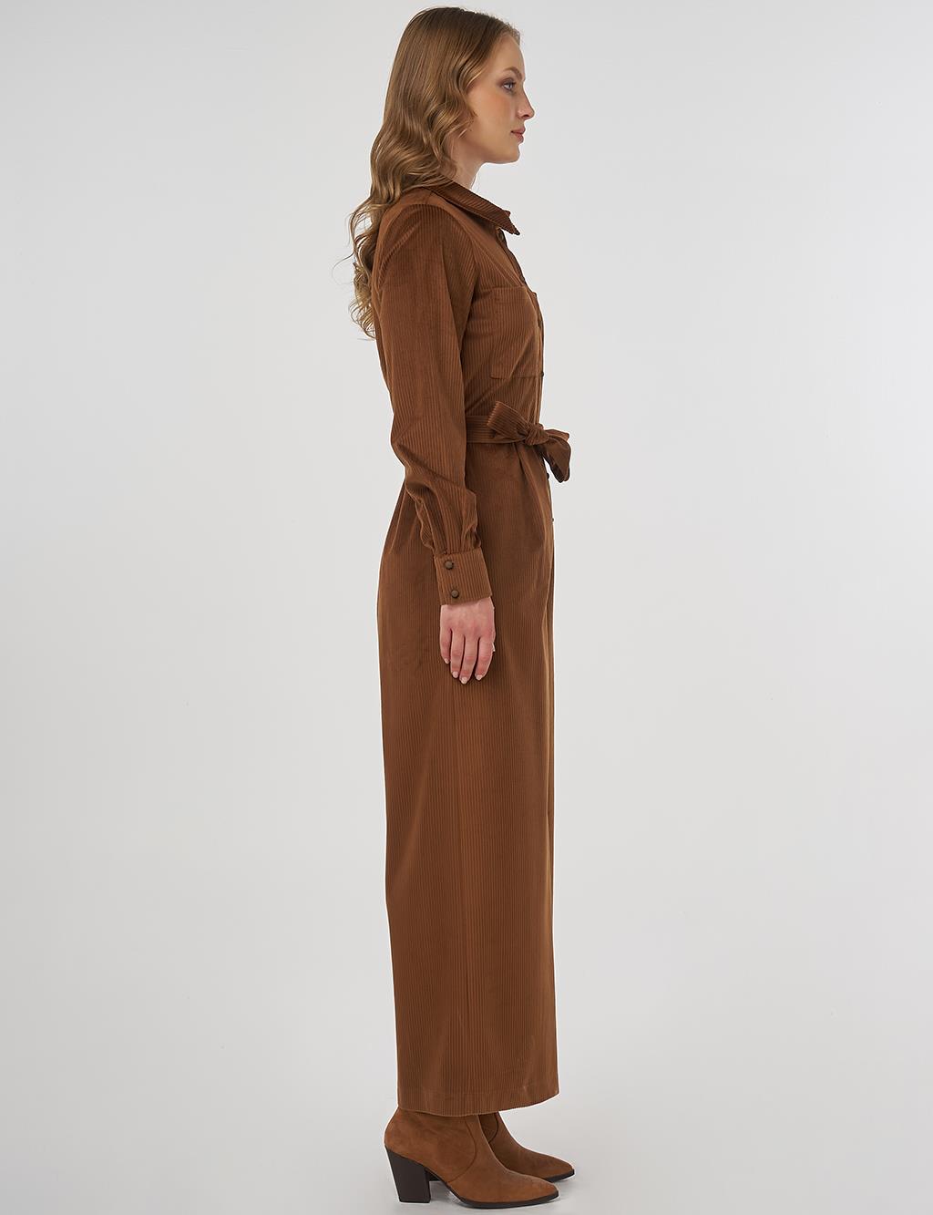 Kuşaklı Kadife Tulum Camel