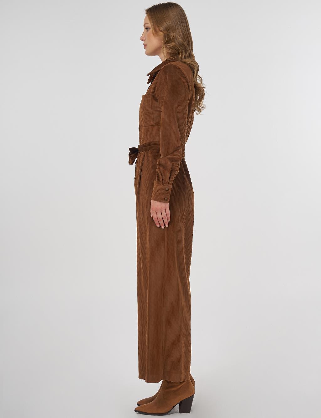 Kuşaklı Kadife Tulum Camel