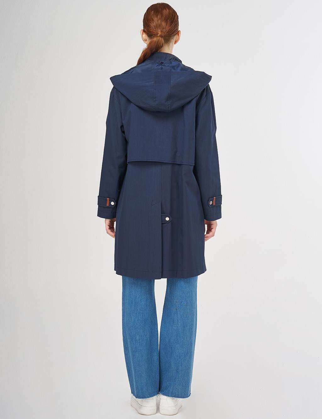 Stand Collar Coat with Pocket Detail Dark Navy 