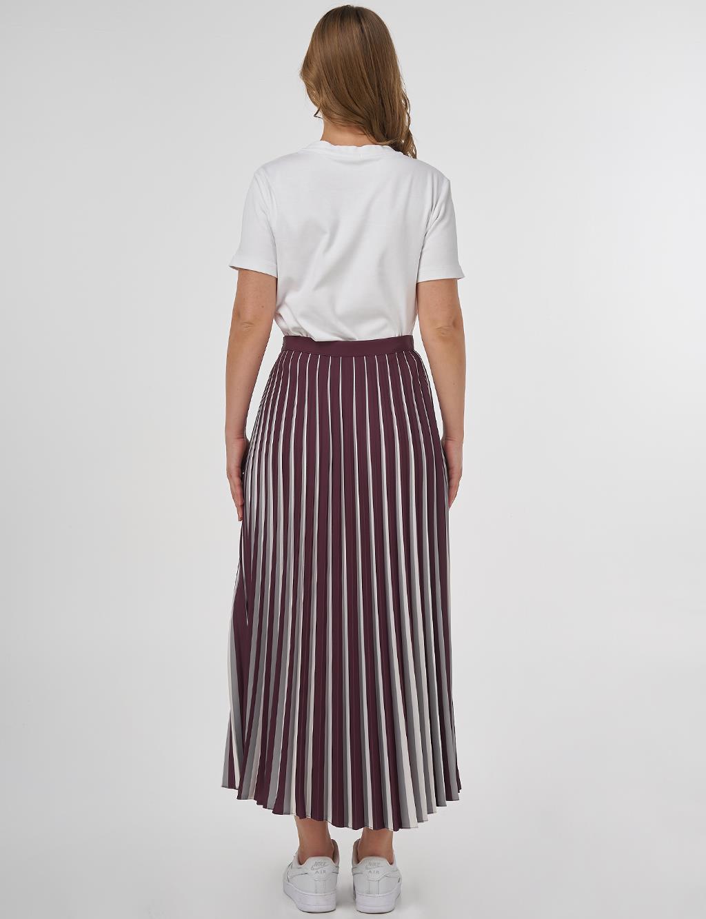 Stripe Print Detailed Pleated Skirt Claret Red-Grey