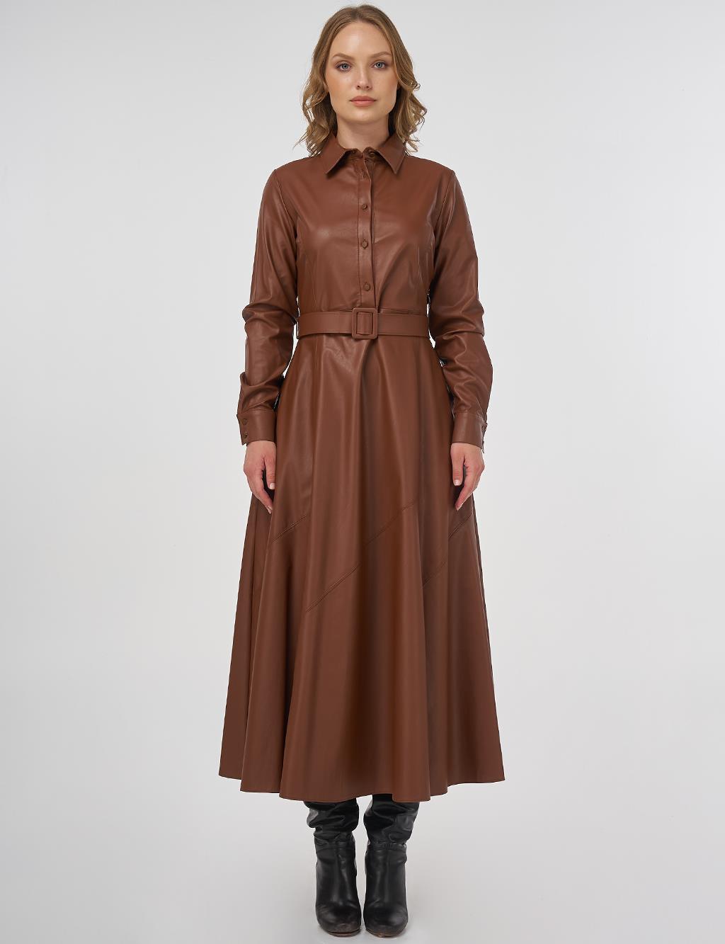 Stitched Detail Faux Leather Dress Tan