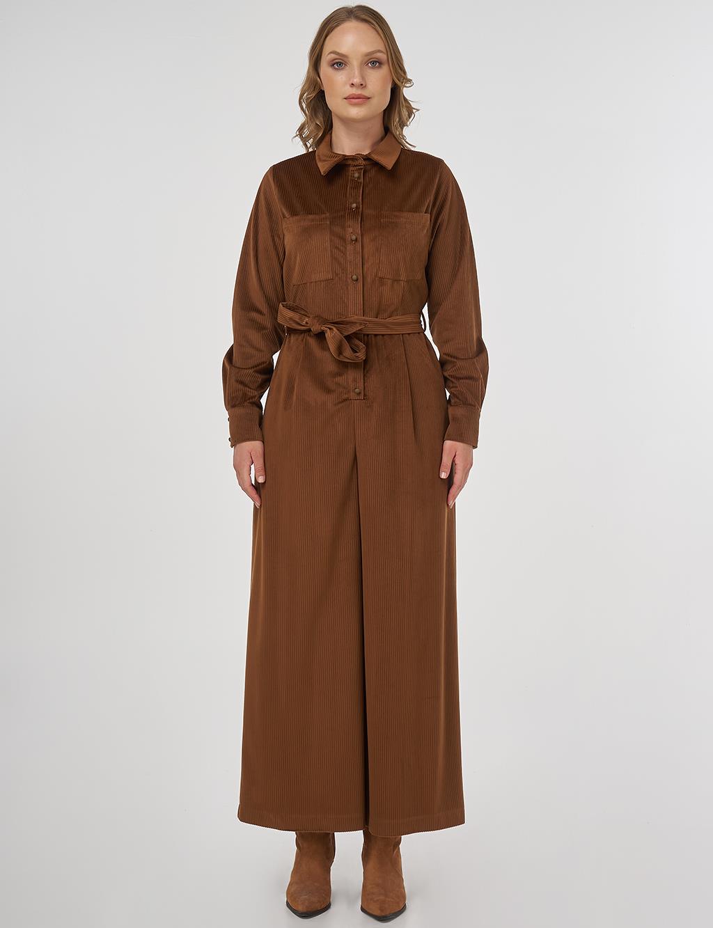 Kuşaklı Kadife Tulum Camel