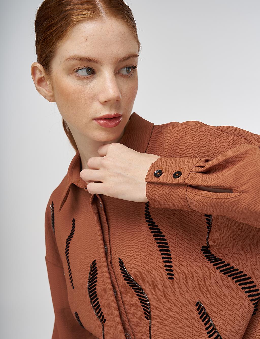 Stripe Detailed Shirt Collar Tunic Tobacco