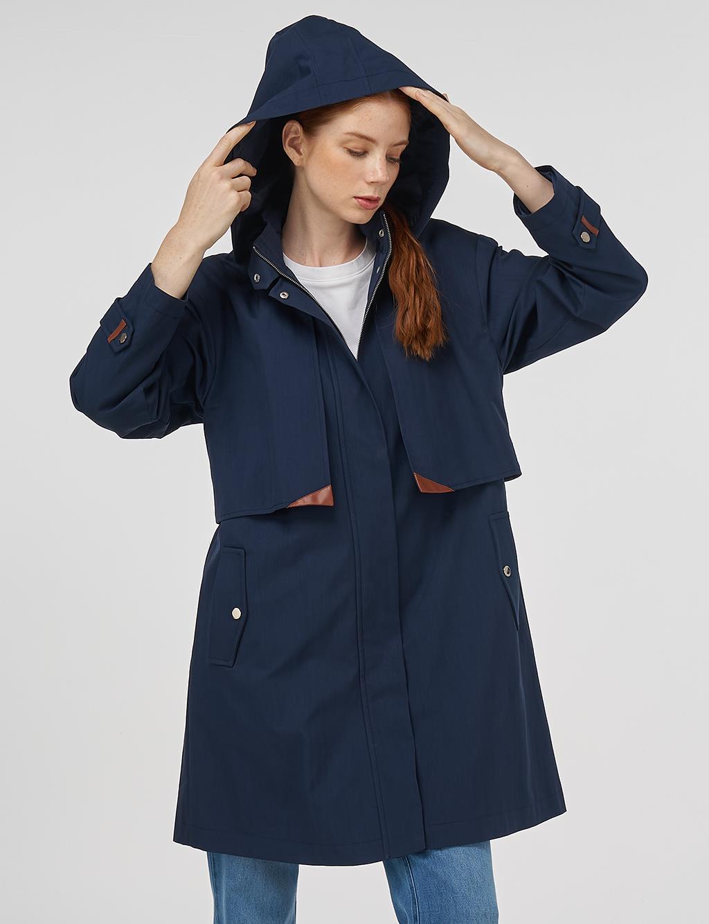 Stand Collar Coat with Pocket Detail Dark Navy 