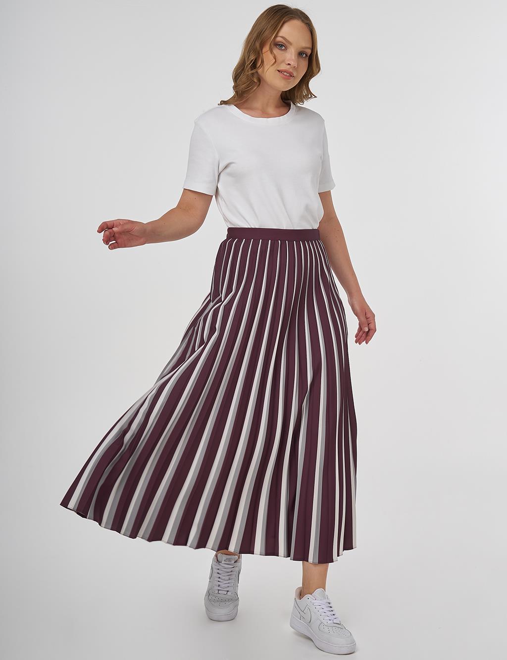 Stripe Print Detailed Pleated Skirt Claret Red-Grey