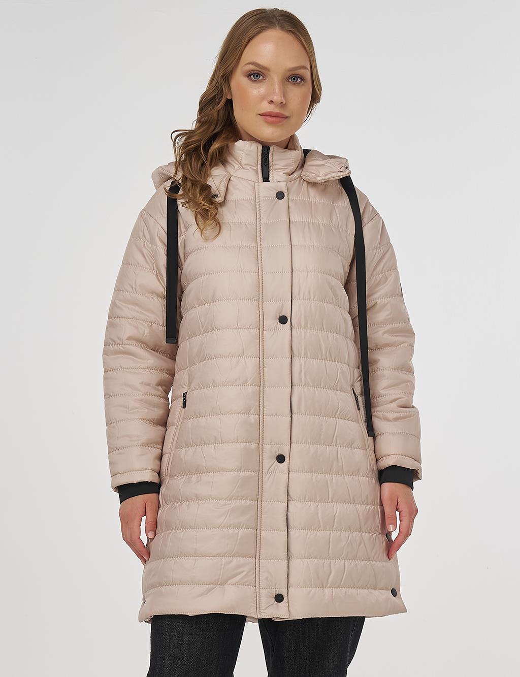 Dik Yaka Kapüşonlu Anorak Mont Krem