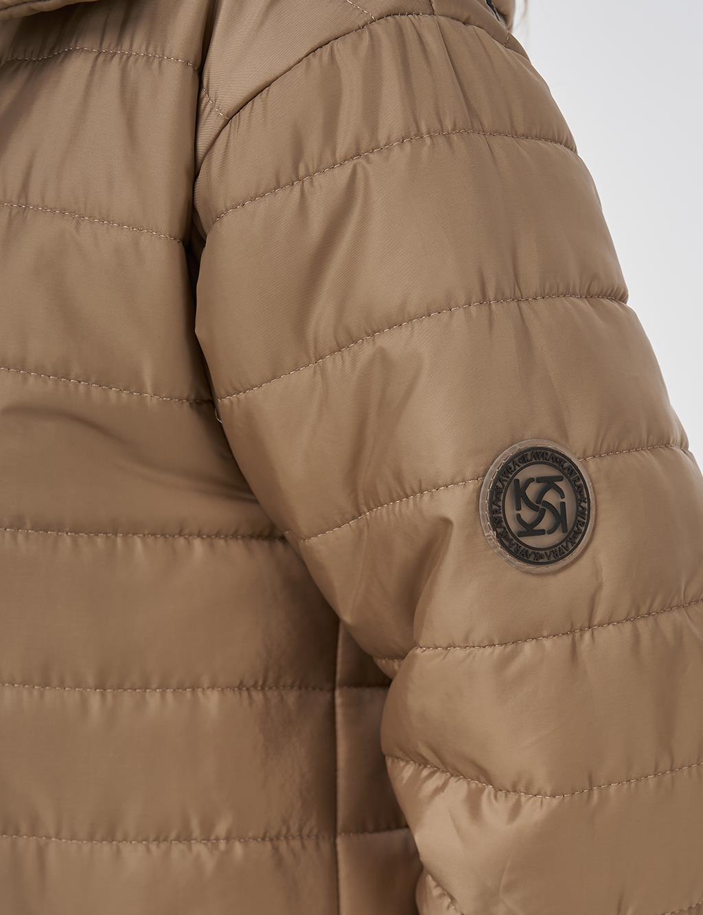 Dik Yaka Kapüşonlu Anorak Mont Koyu Bej