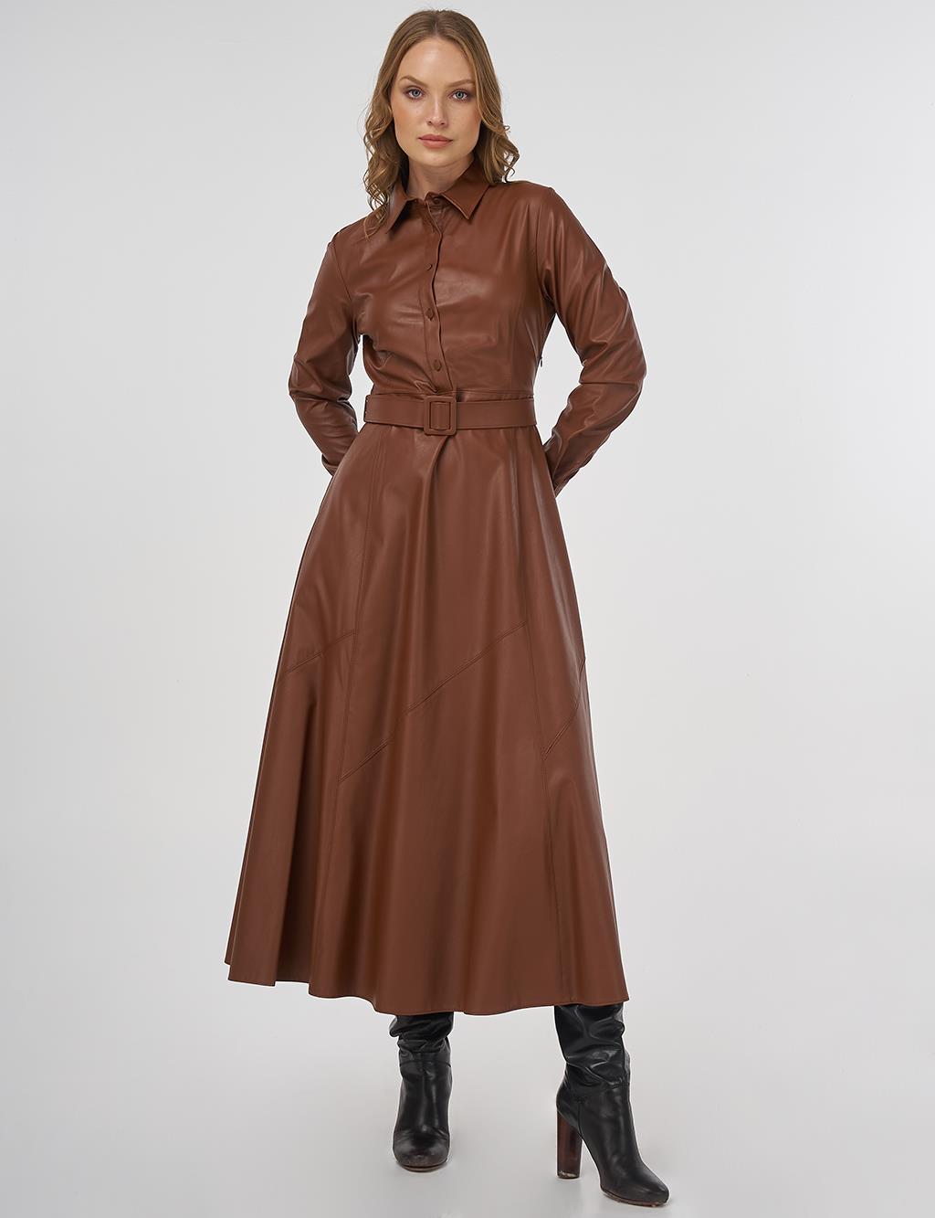 Stitched Detail Faux Leather Dress Tan
