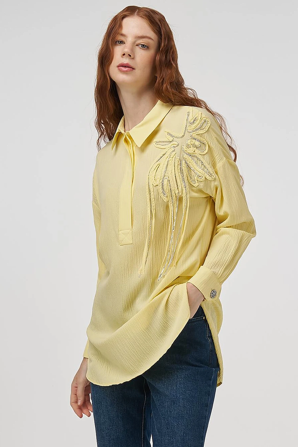 Embroidered Appliqué Viscose Tunic Yellow
