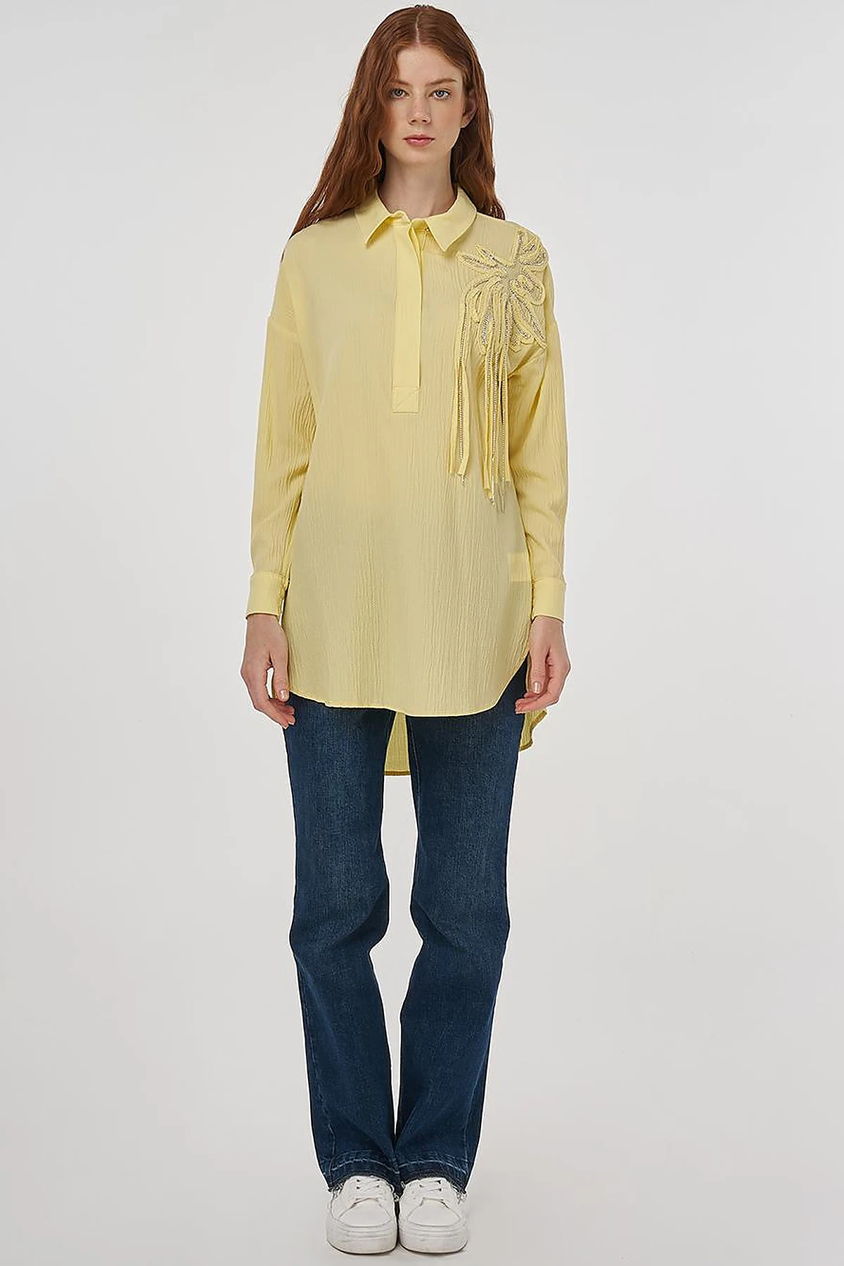 Embroidered Appliqué Viscose Tunic Yellow