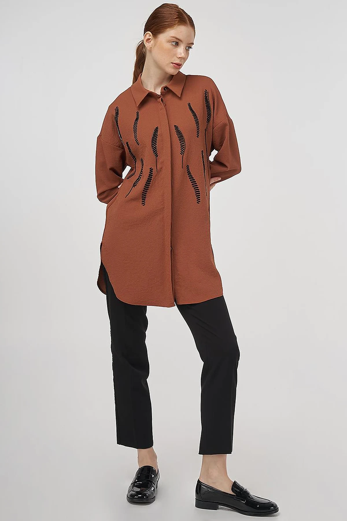 Stripe Detailed Shirt Collar Tunic Tobacco