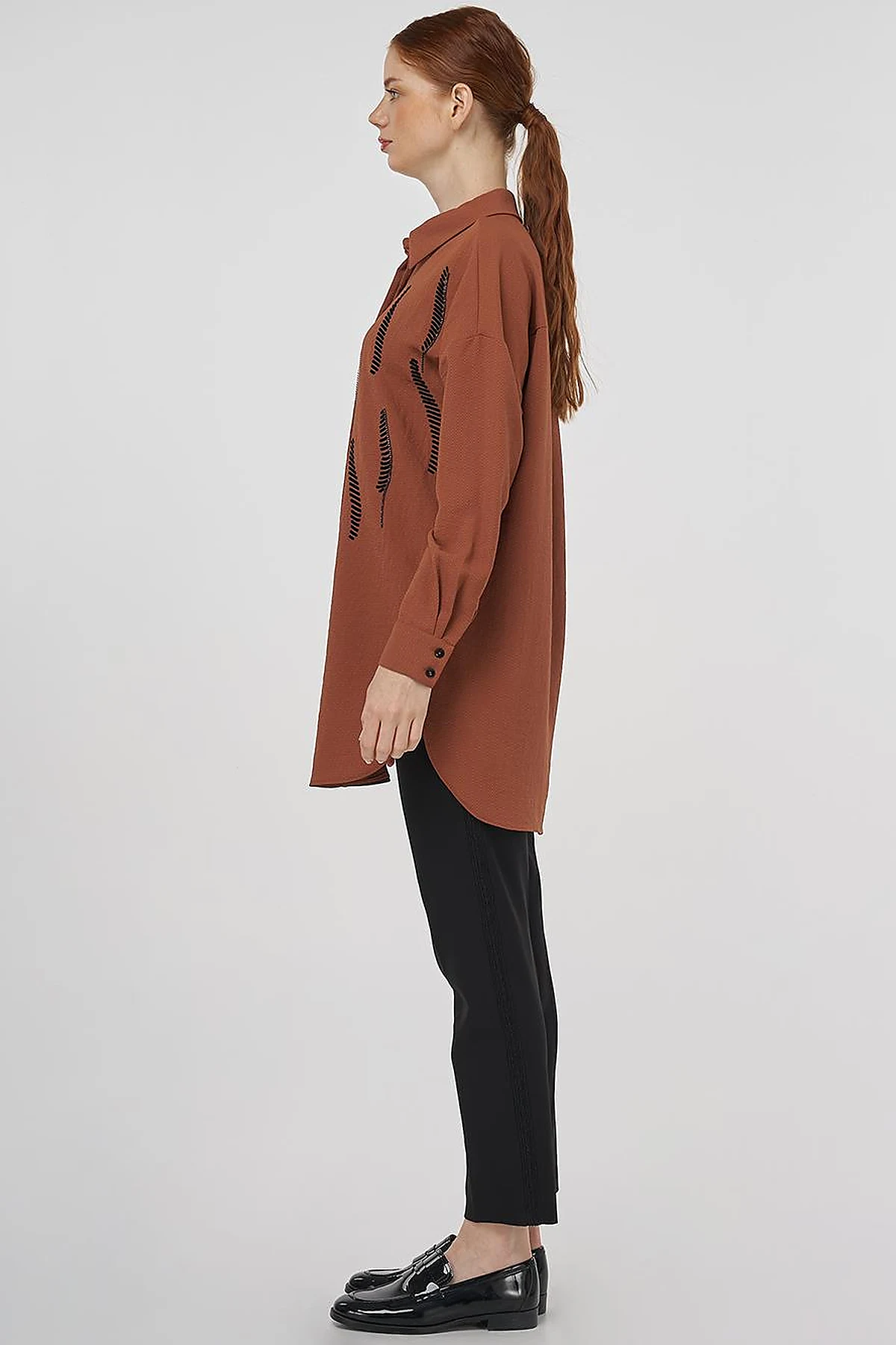 Stripe Detailed Shirt Collar Tunic Tobacco