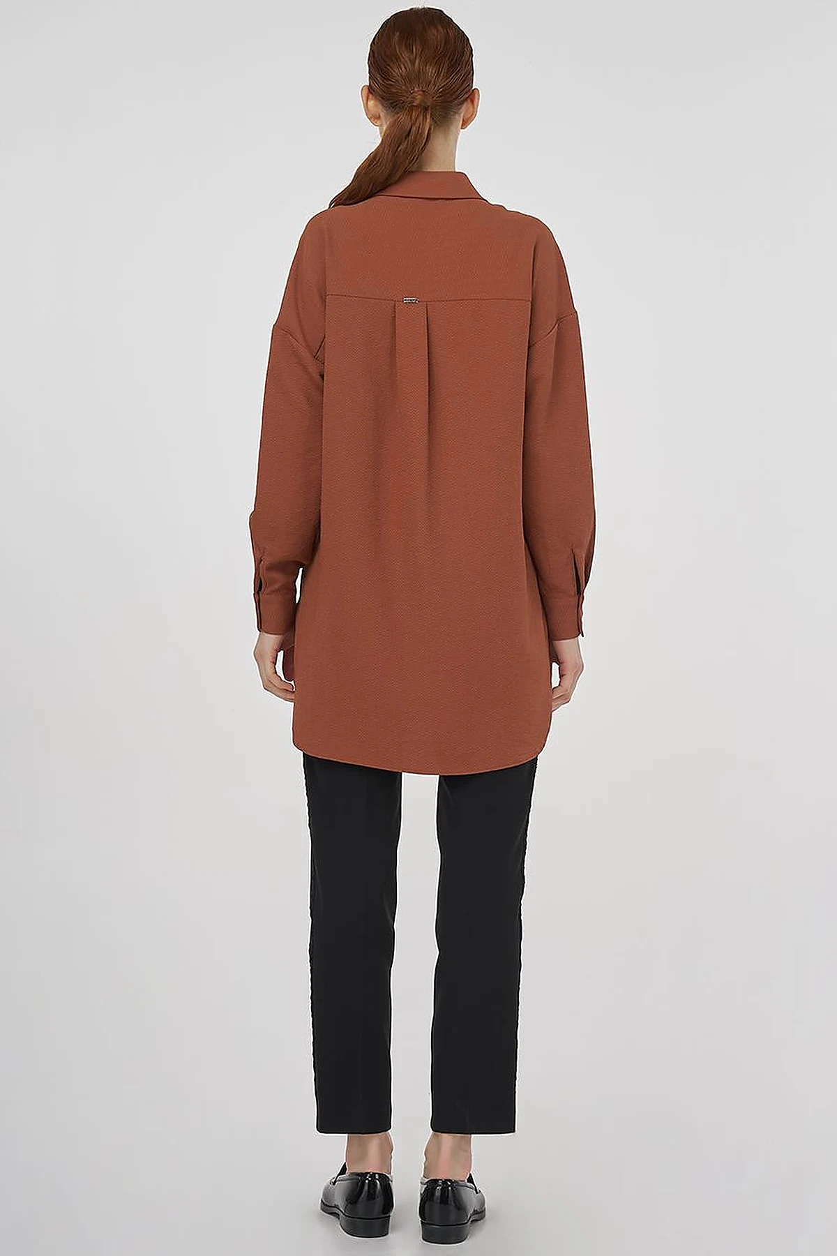 Stripe Detailed Shirt Collar Tunic Tobacco