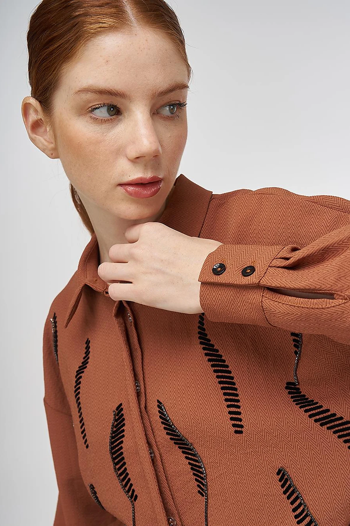 Stripe Detailed Shirt Collar Tunic Tobacco