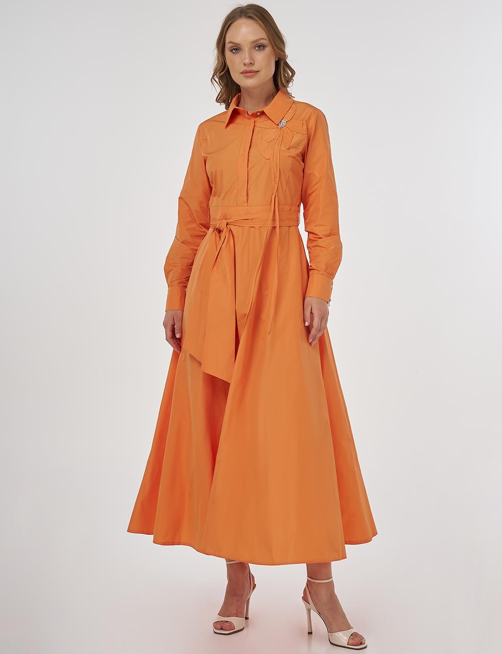 Appliquéd Taffeta Dress Peach