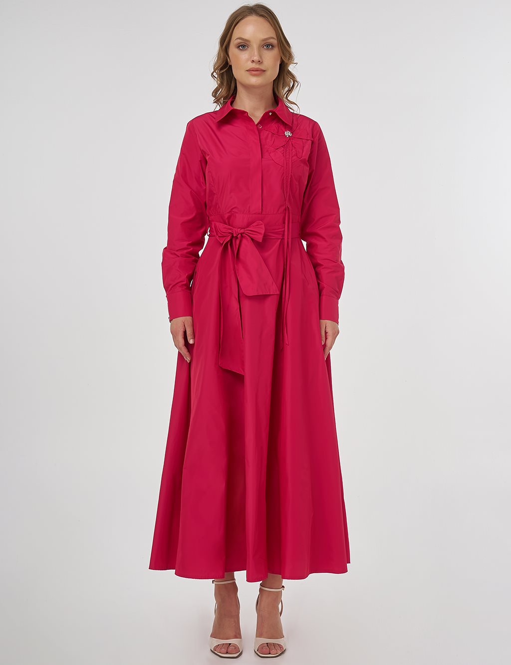 Appliquéd Taffeta Dress Fuchsia