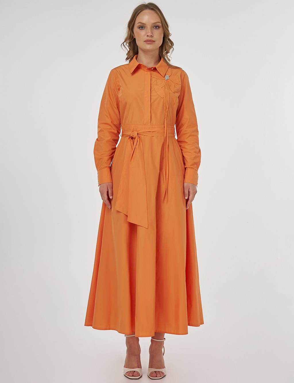 Appliquéd Taffeta Dress Peach