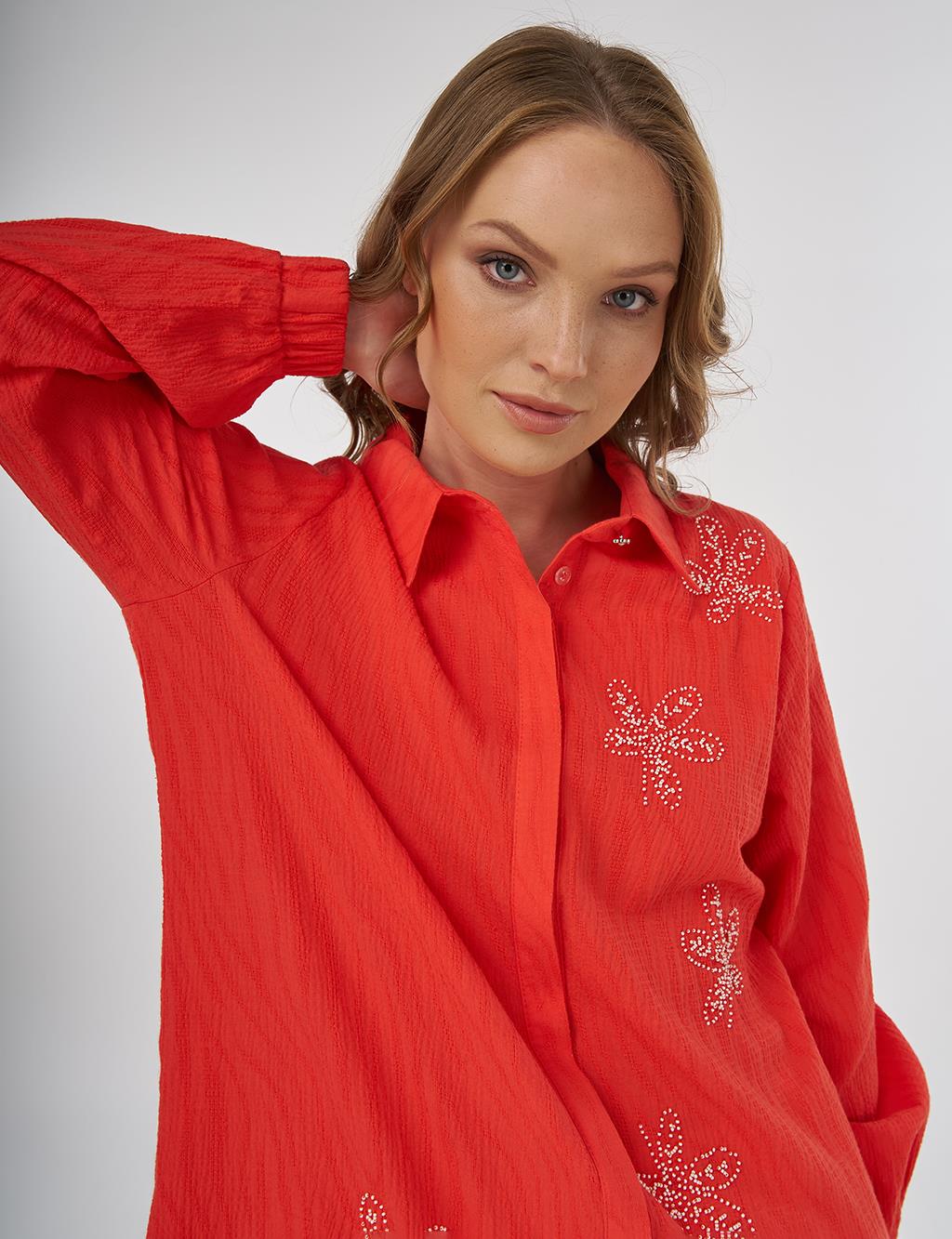 Beaded Embroidered Cotton Tunic Coral