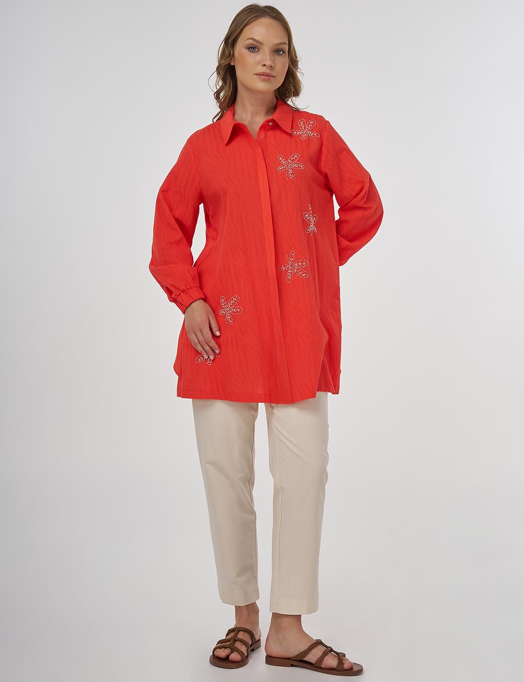 Beaded Embroidered Cotton Tunic Coral