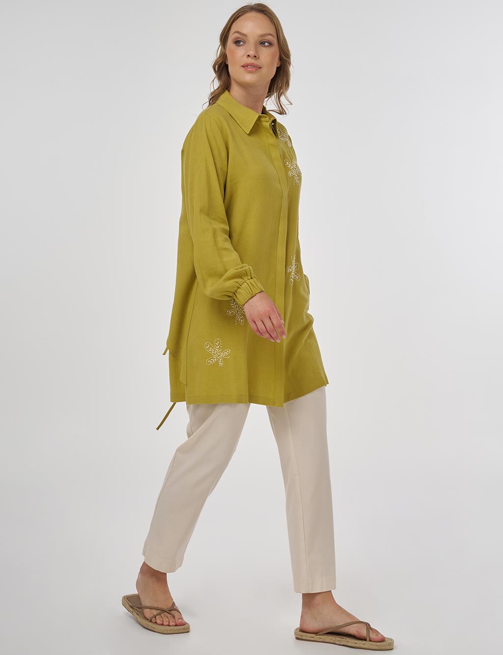Embroidered Linen Viscose Tunic Oliv