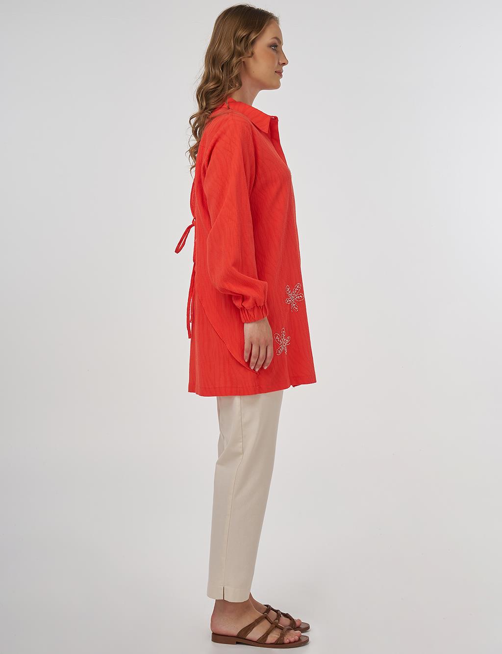 Beaded Embroidered Cotton Tunic Coral
