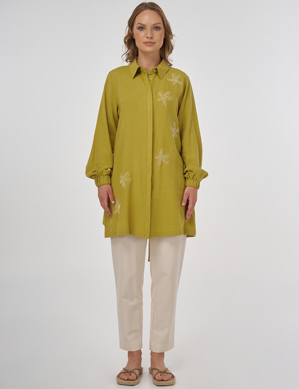 Embroidered Linen Viscose Tunic Oliv
