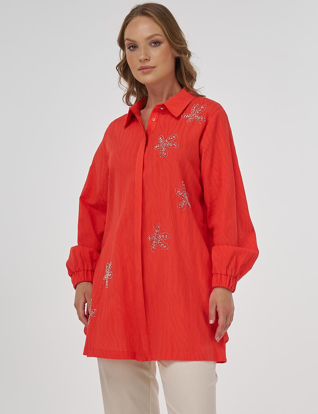 Beaded Embroidered Cotton Tunic Coral
