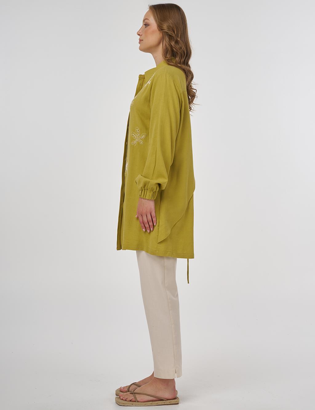 Embroidered Linen Viscose Tunic Oliv