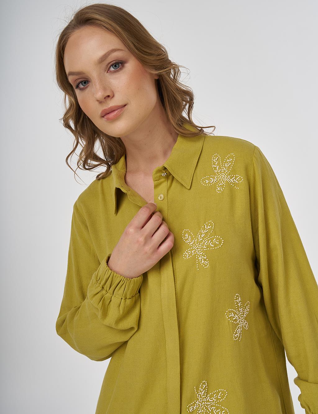 Embroidered Linen Viscose Tunic Oliv