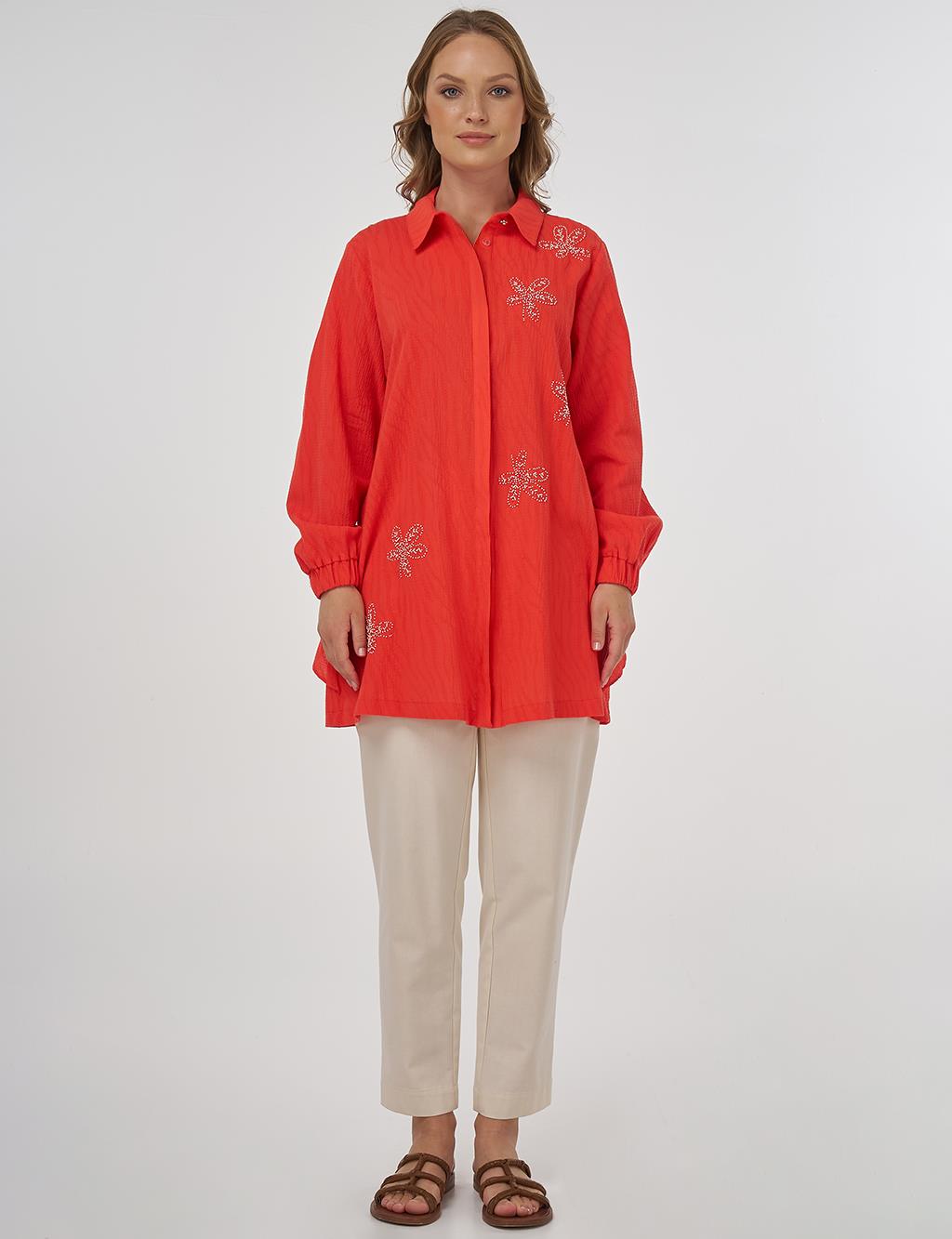 Beaded Embroidered Cotton Tunic Coral