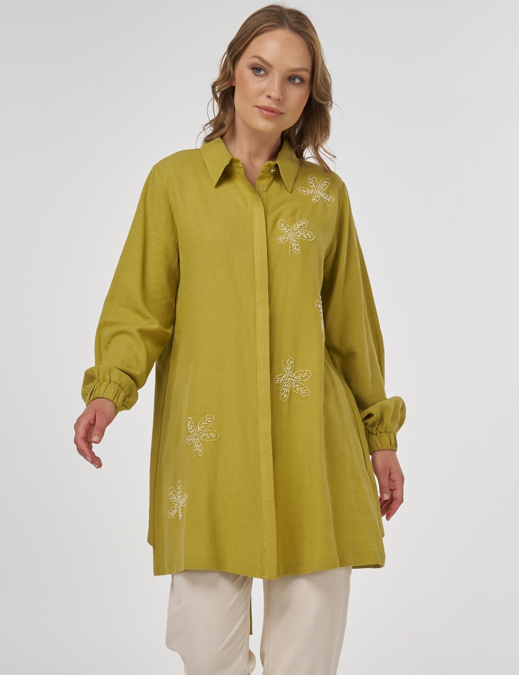 Embroidered Linen Viscose Tunic Oliv