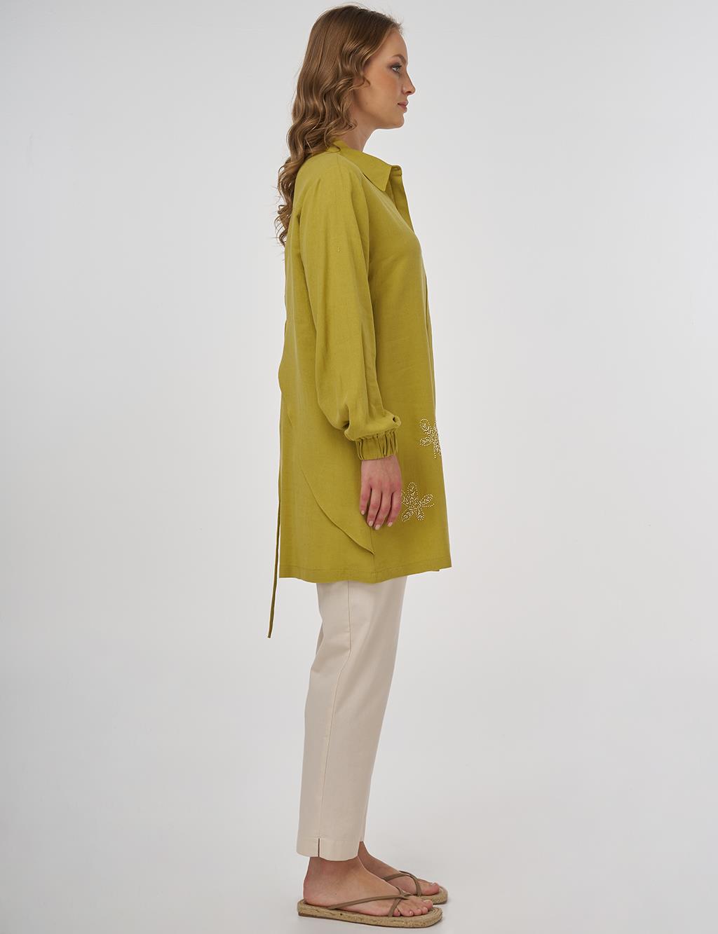 Embroidered Linen Viscose Tunic Oliv