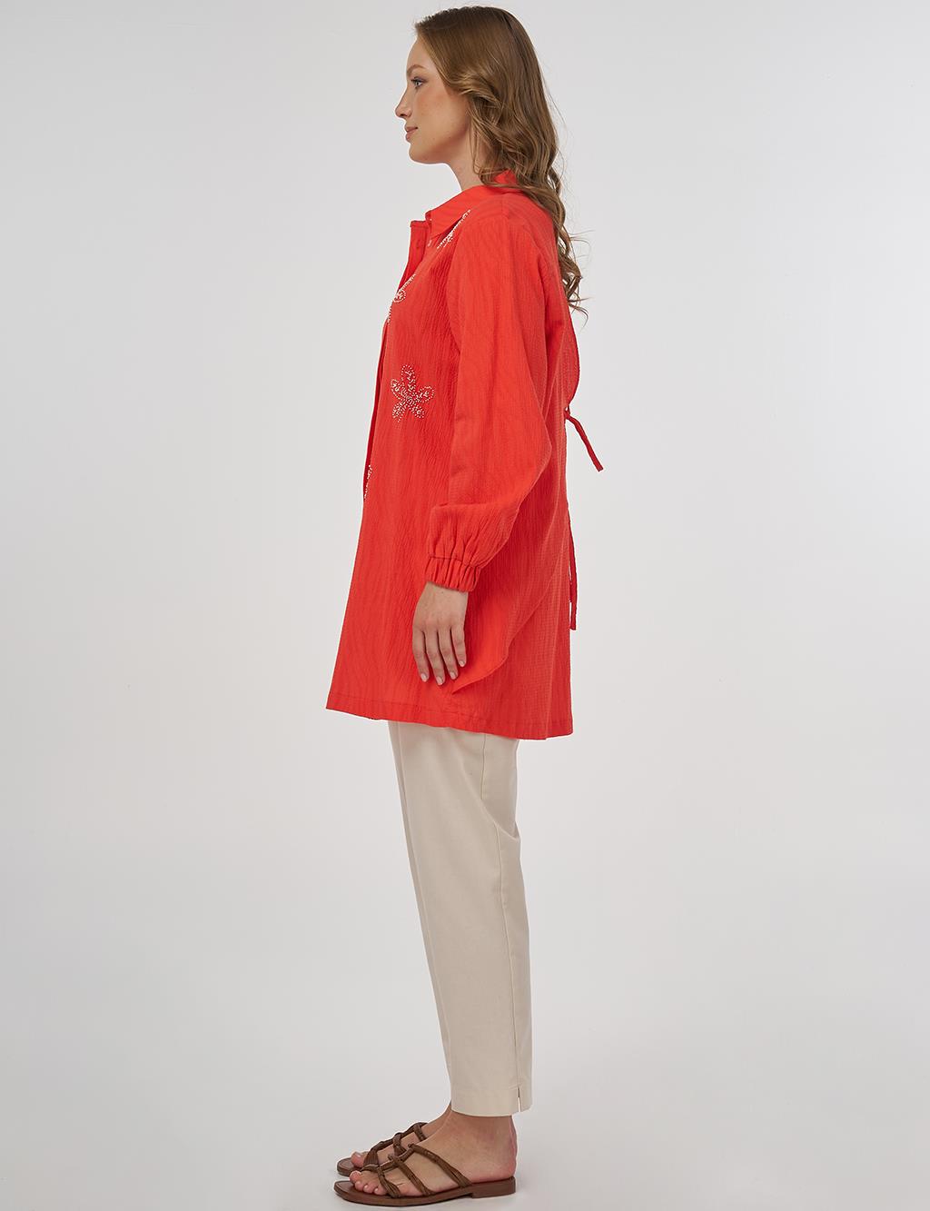 Beaded Embroidered Cotton Tunic Coral
