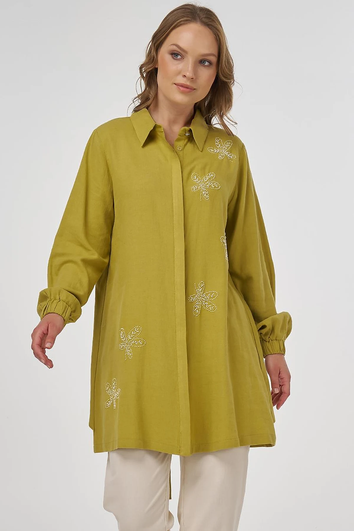 Embroidered Linen Viscose Tunic Oliv