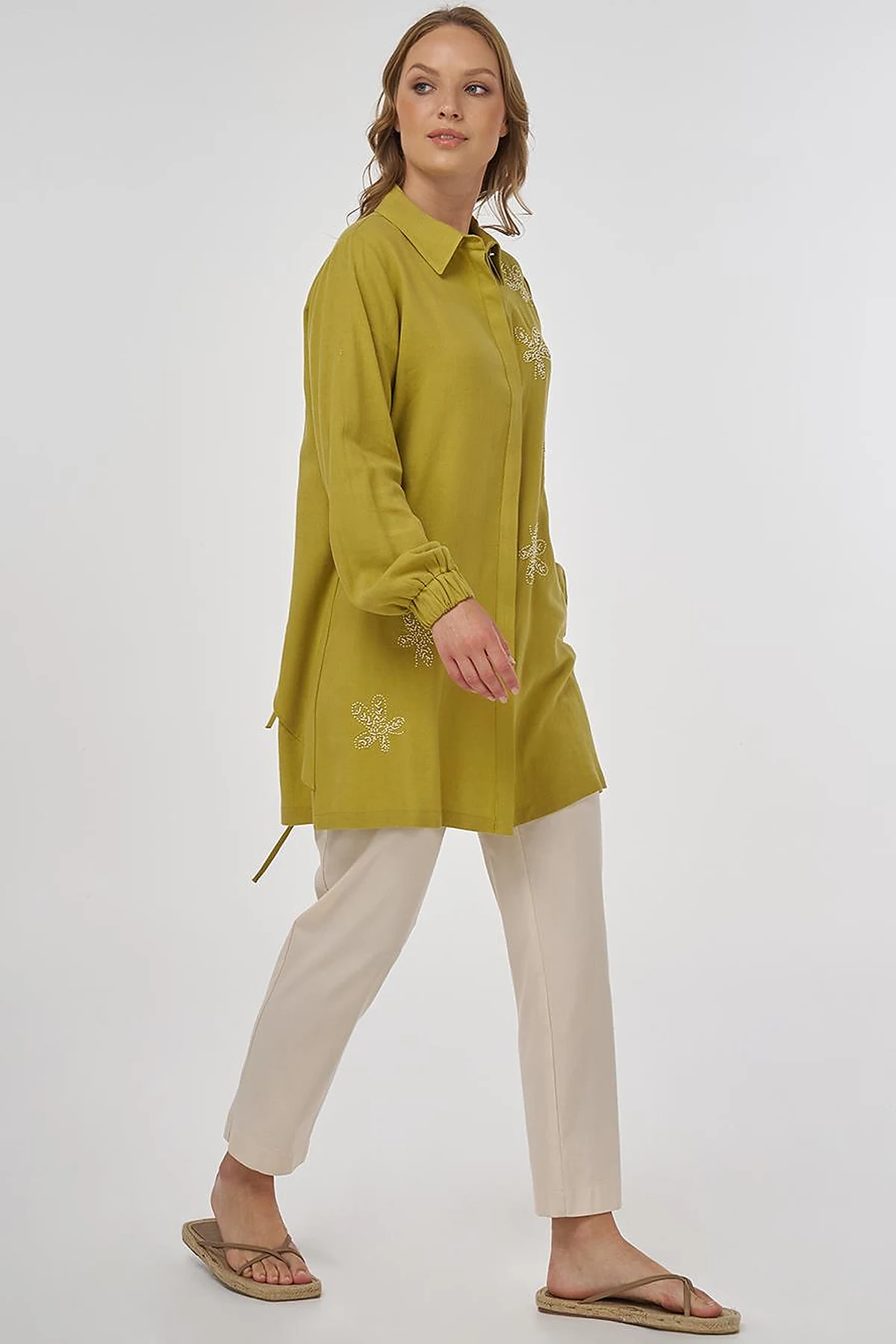 Embroidered Linen Viscose Tunic Oliv