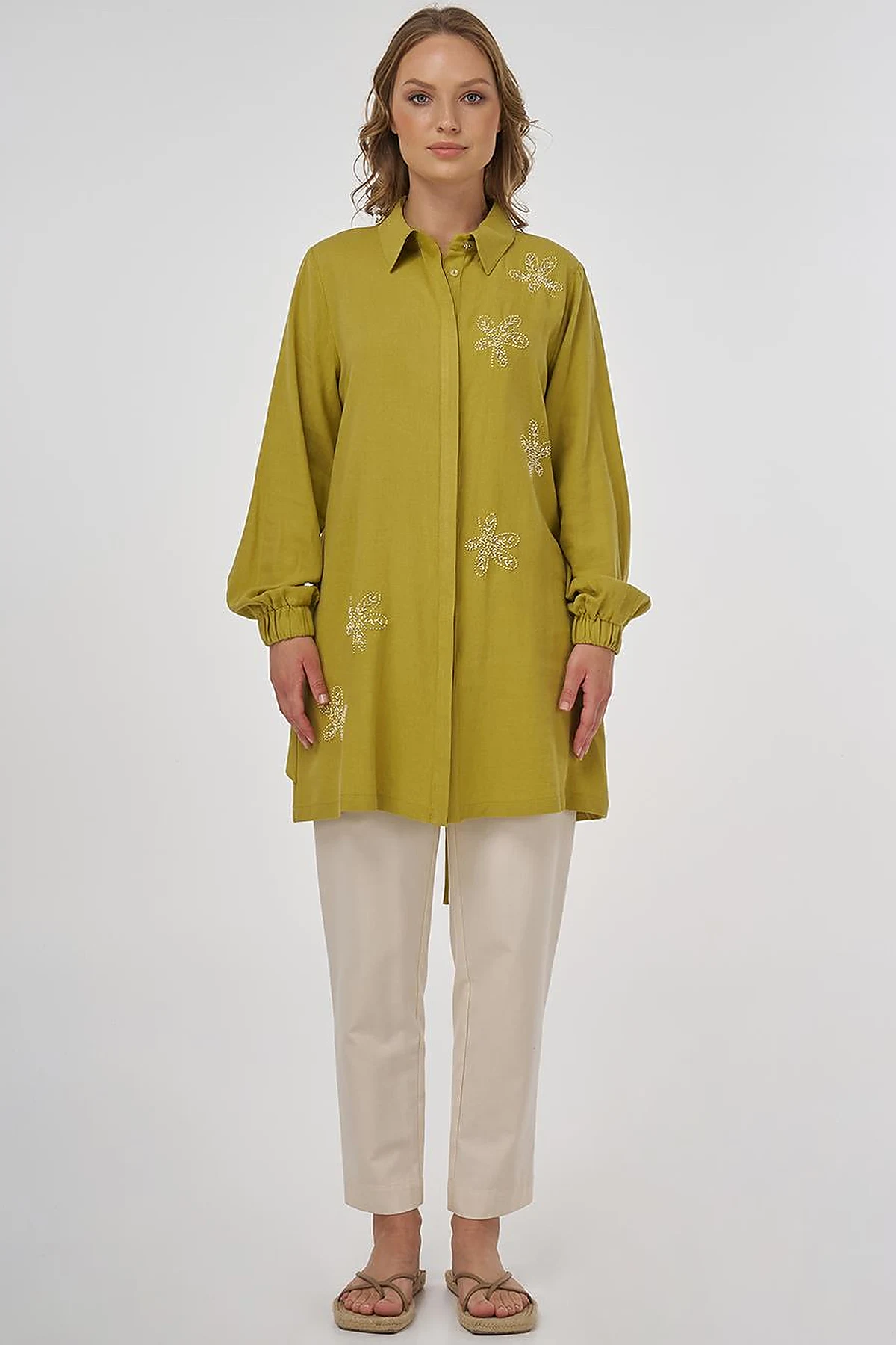 Embroidered Linen Viscose Tunic Oliv