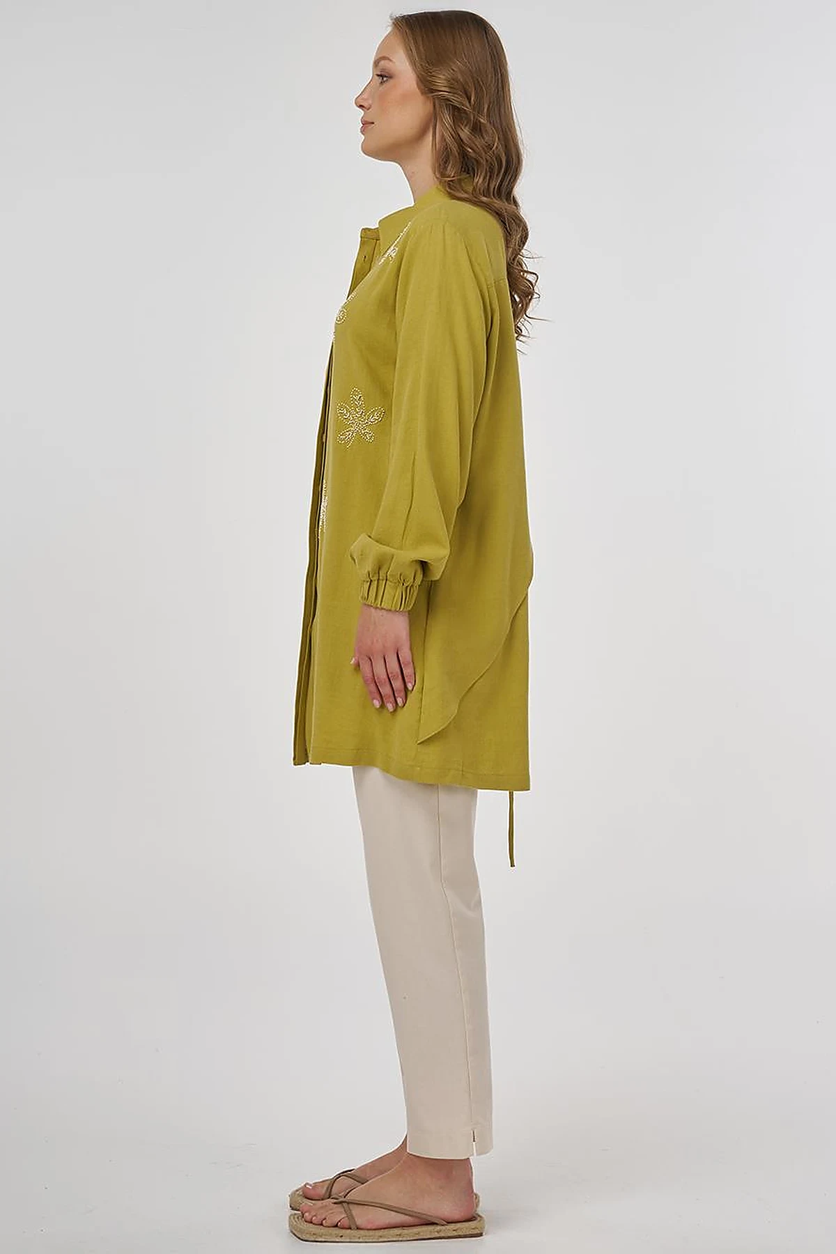 Embroidered Linen Viscose Tunic Oliv