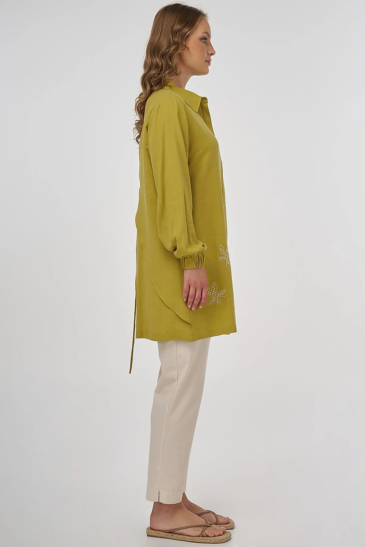 Embroidered Linen Viscose Tunic Oliv
