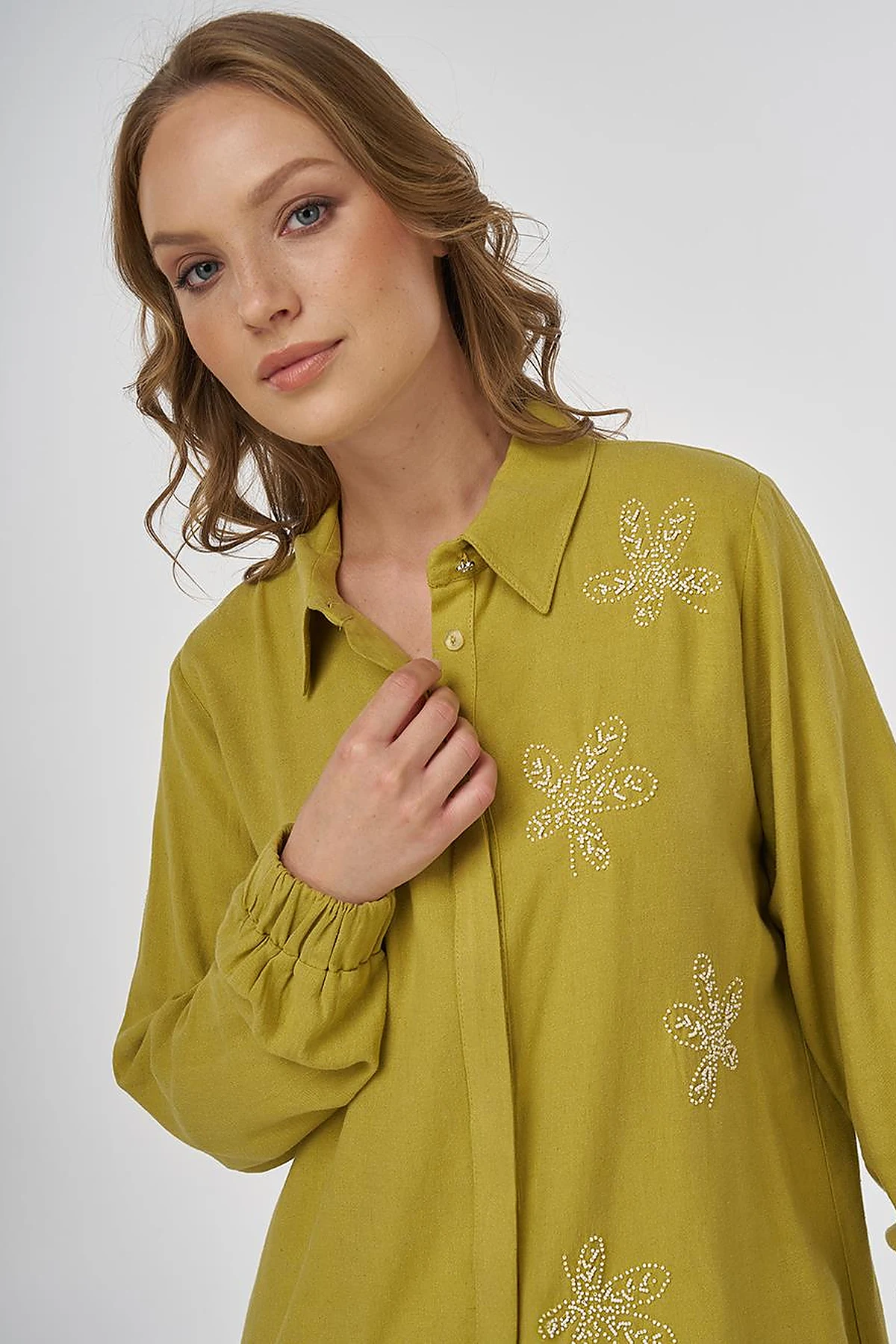 Embroidered Linen Viscose Tunic Oliv