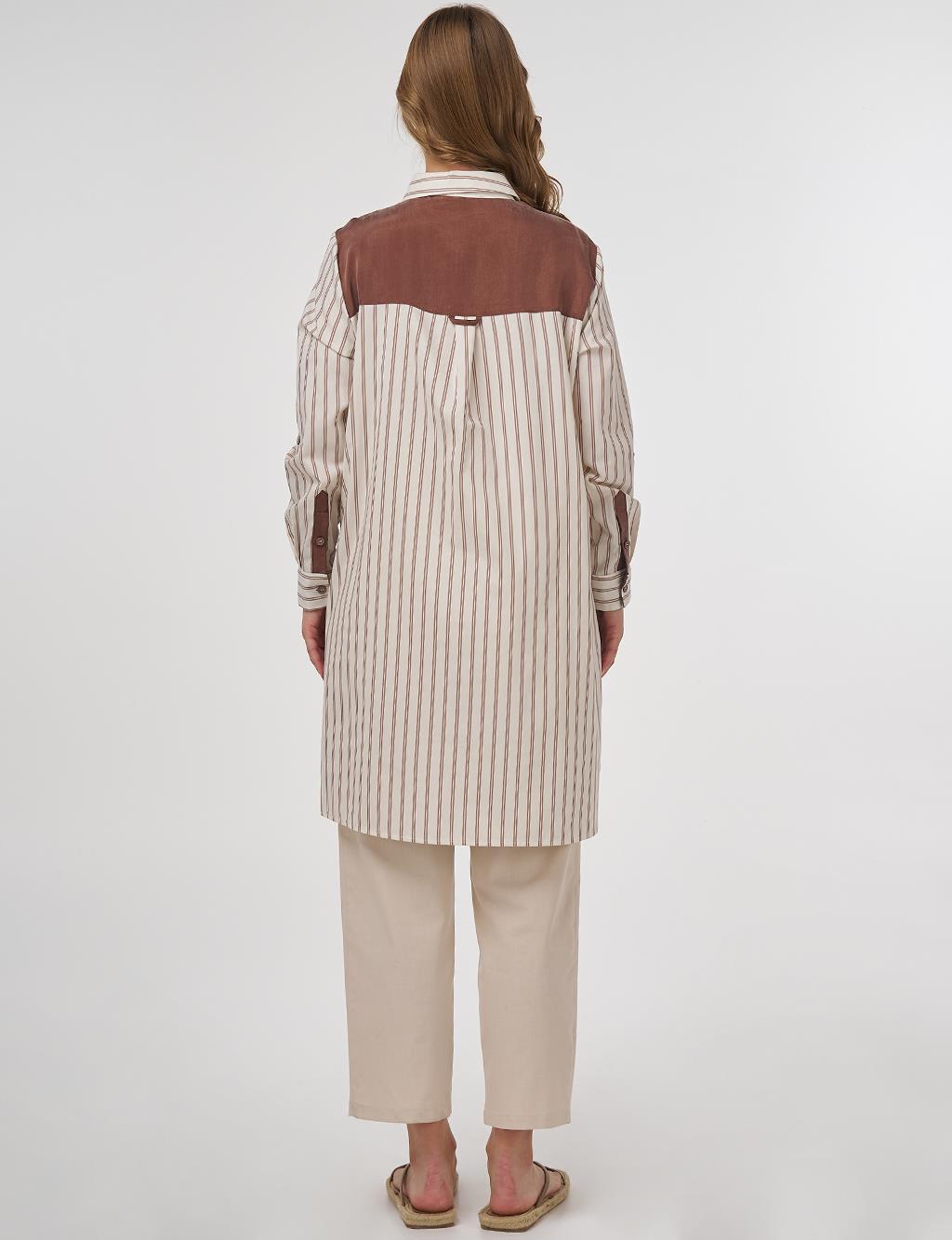 Striped Pattern Cotton Tunic Brown