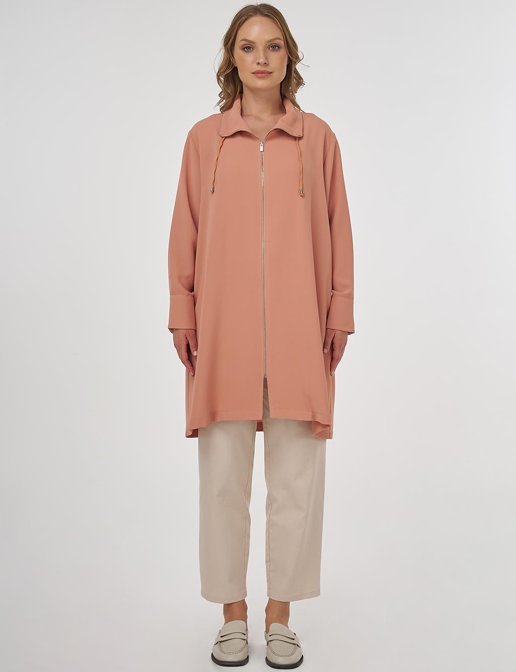 Zipper-Closure Stand Collar Cardigan Mushroom 