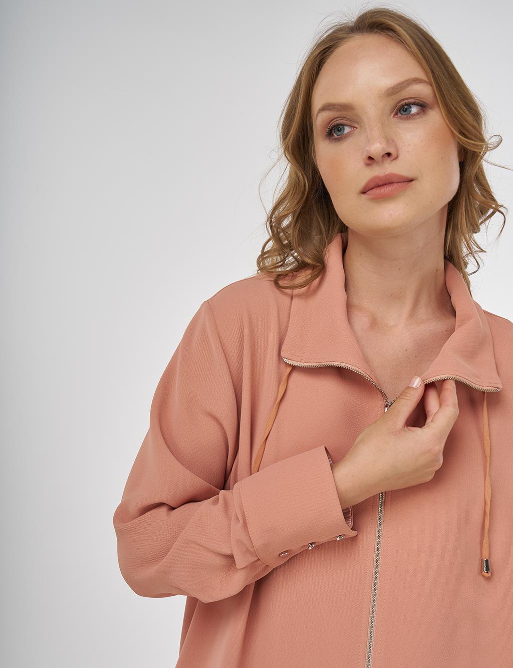 Zipper-Closure Stand Collar Cardigan Mushroom 