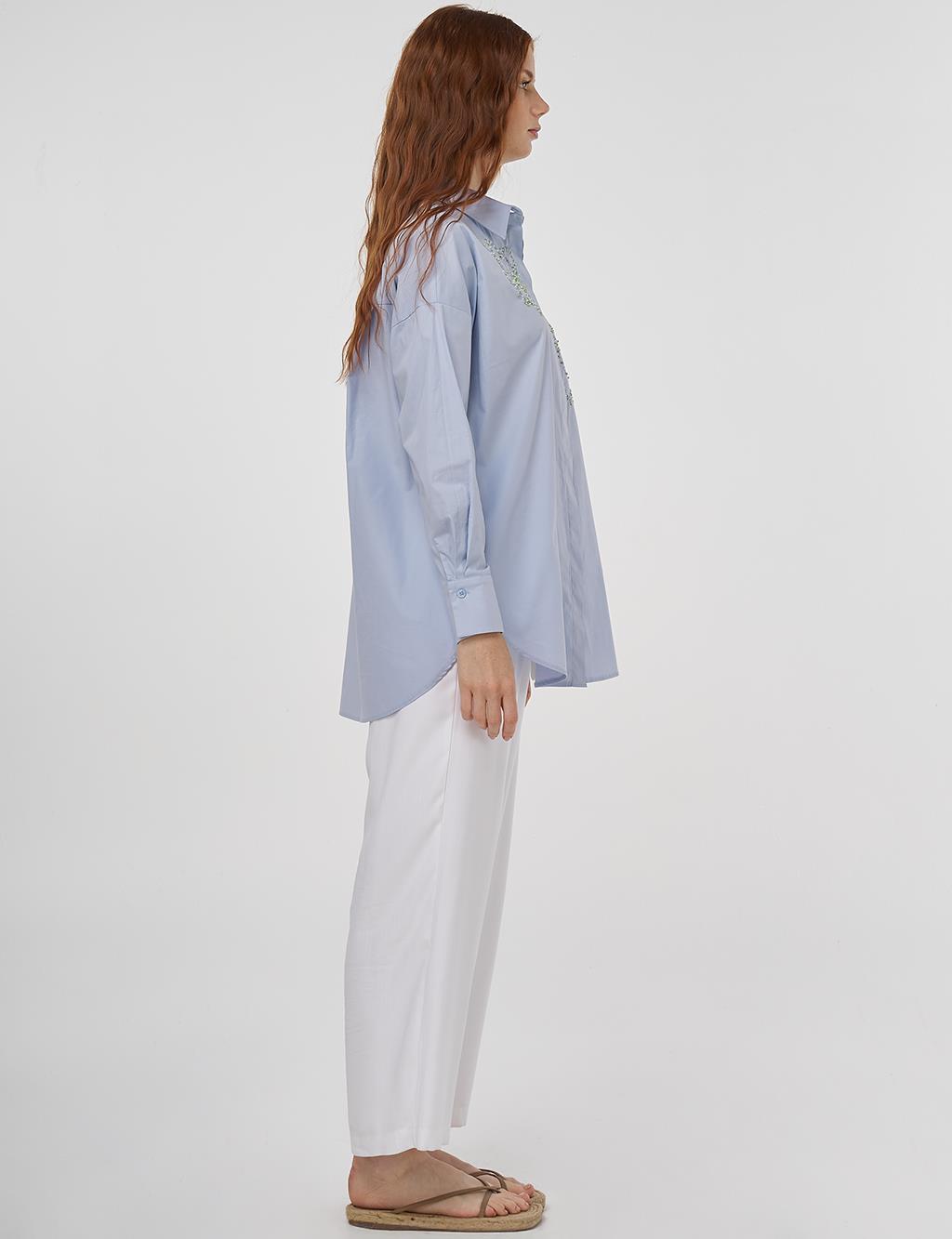 Embroidered Detail Cotton Tunic Blue