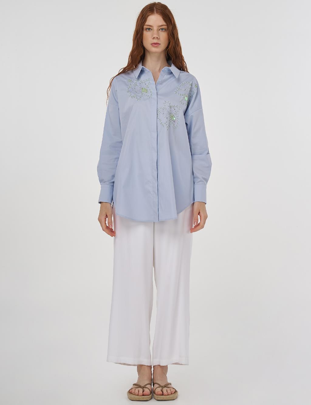 Embroidered Detail Cotton Tunic Blue